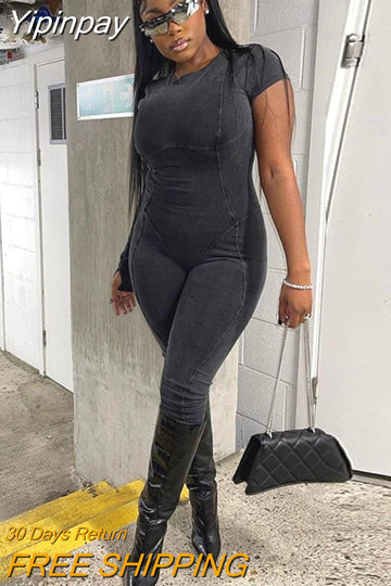 Yipinpay 2023 Slim Fit Denim Jumpsuits For Women Sport Short Sleeve Solid Playsuit Street Casual Mono Fiesta Para Mujer Elegante